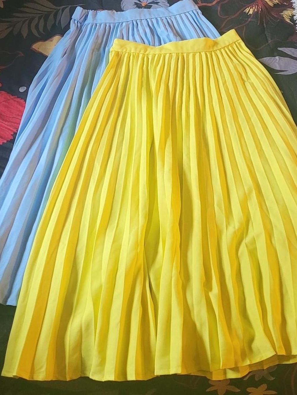 SHEIN Yellow and Light Blue Pleated Midi Skirts